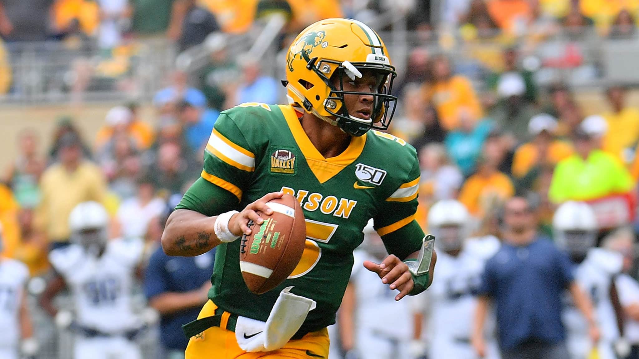 MINNEAPOLIS, MINNESOTA - AUGUST 31: Quarterback Trey Lance #5 of the North Dakota State Bison looks to pass against the Butler Bulldogs during their game at Target Field on August 31, 2019 in Minneapolis, Minnesota.