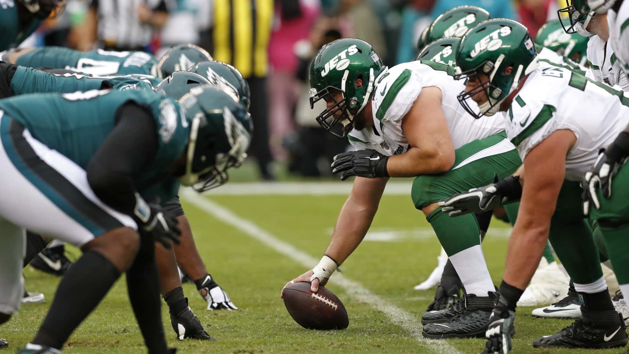 PHILADELPHIA, PENNSYLVANIA - OCTOBER 06: Center Ryan Kalil #55 of the New York Jets waits to snap the ball during the second half against the Philadelphia Eagles at Lincoln Financial Field on October 06, 2019 in Philadelphia, Pennsylvania.
