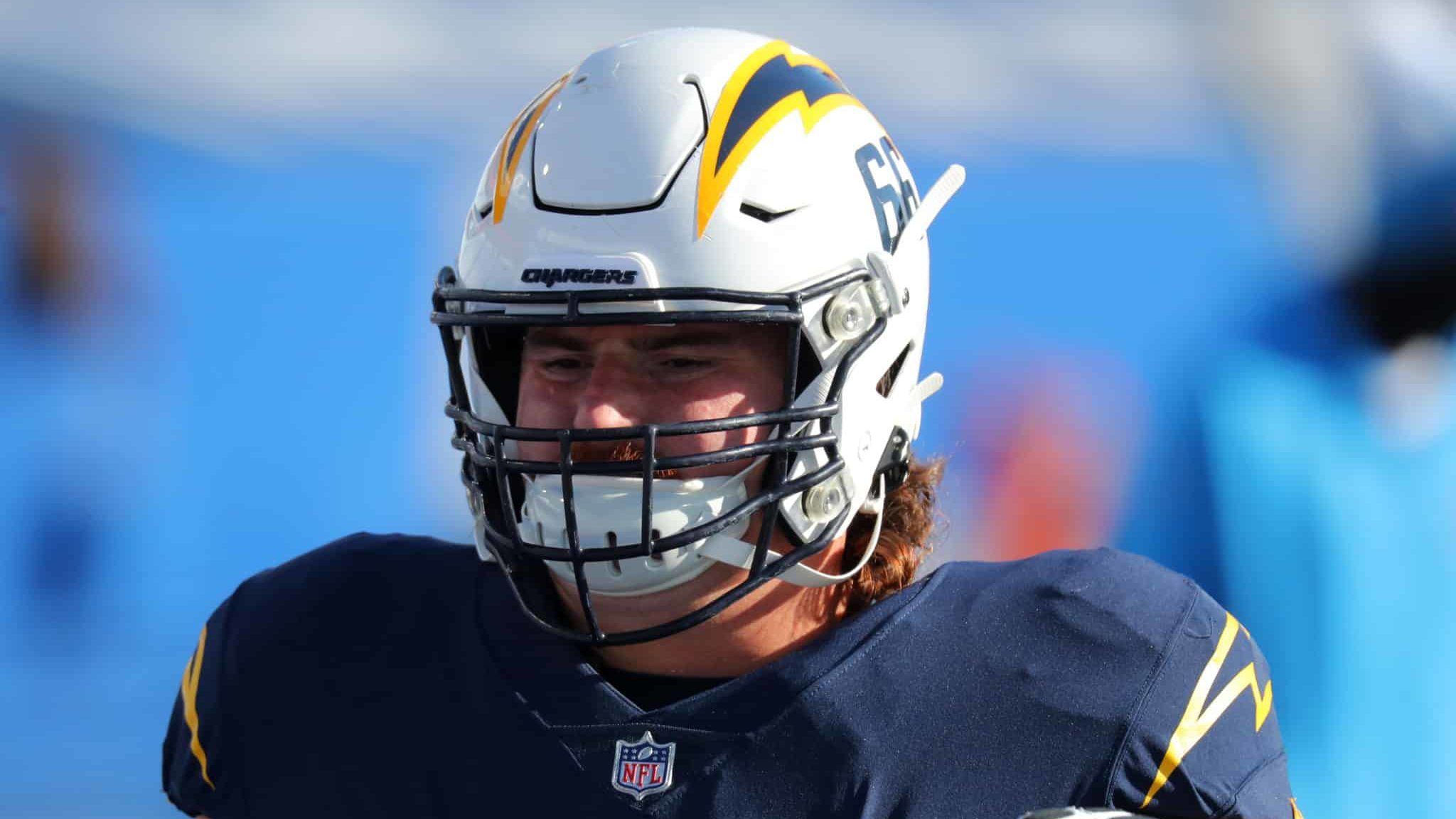 ORCHARD PARK, NY - NOVEMBER 29: Dan Feeney #66 of the Los Angeles Chargers before a game against the Buffalo Bills at Bills Stadium on November 29, 2020 in Orchard Park, New York.