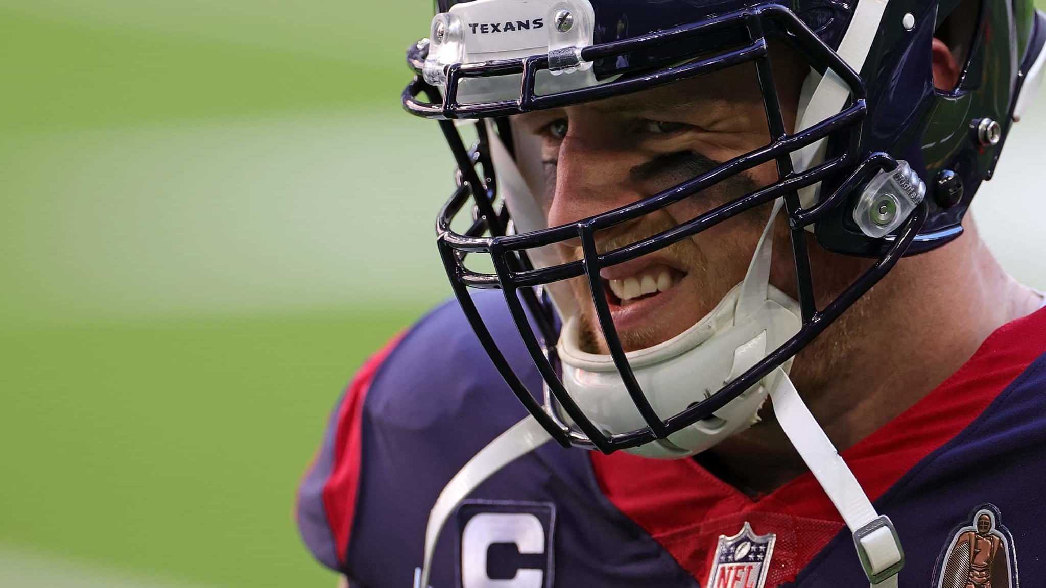 HOUSTON, TEXAS - JANUARY 03: J.J. Watt #99 of the Houston Texans participates in warmups prior to a game against the Tennessee Titans at NRG Stadium on January 03, 2021 in Houston, Texas.