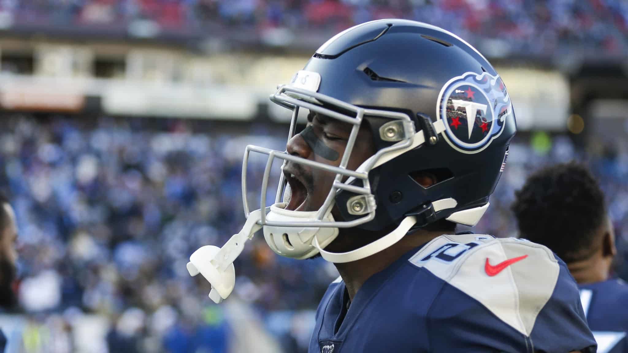 NASHVILLE, TENNESSEE - NOVEMBER 24: Corey Davis #84 of the Tennessee Titans shouts as he runs onto the field before the game against the Jacksonville Jaguars at Nissan Stadium on November 24, 2019 in Nashville, Tennessee.
