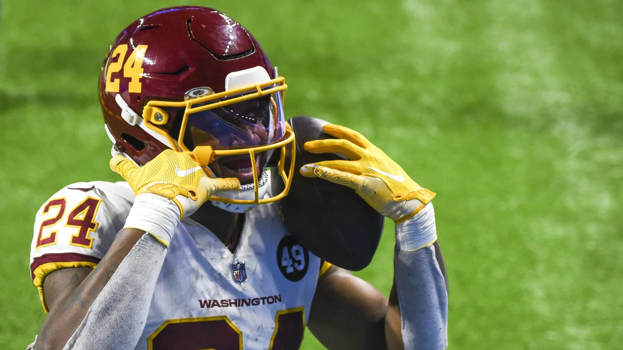 DETROIT, MI - NOVEMBER 15: Antonio Gibson #24 of the Washington Football Team celebrates a touchdown during their game against the Detroit Lions at Ford Field on November 15, 2020 in Detroit, Michigan.