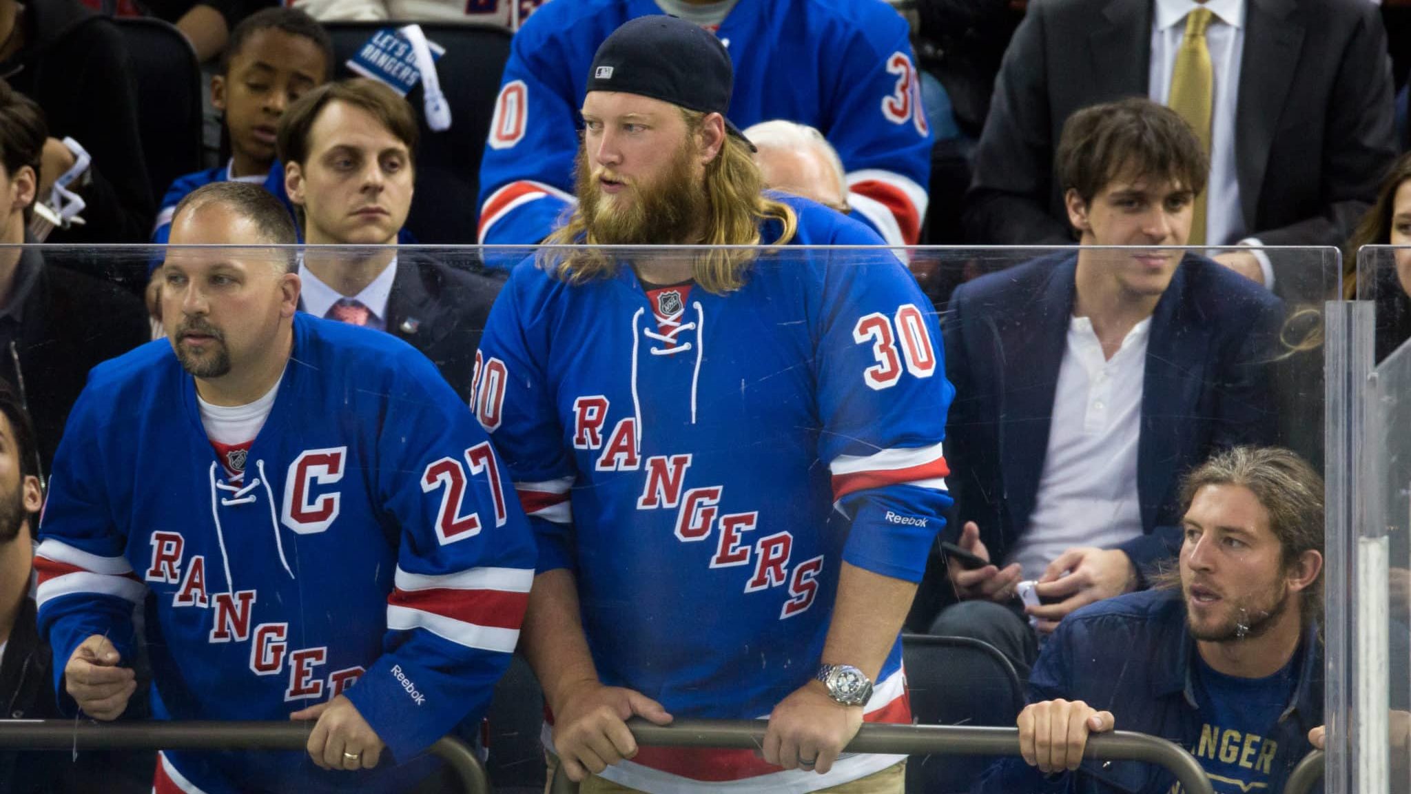 NEW YORK, NY - APRIL 19: Zac Sudfeld and Nick Mangold attend New York Rangers vs Pittsburgh Penuins at Madison Square Garden on April 19, 2016 in New York City.