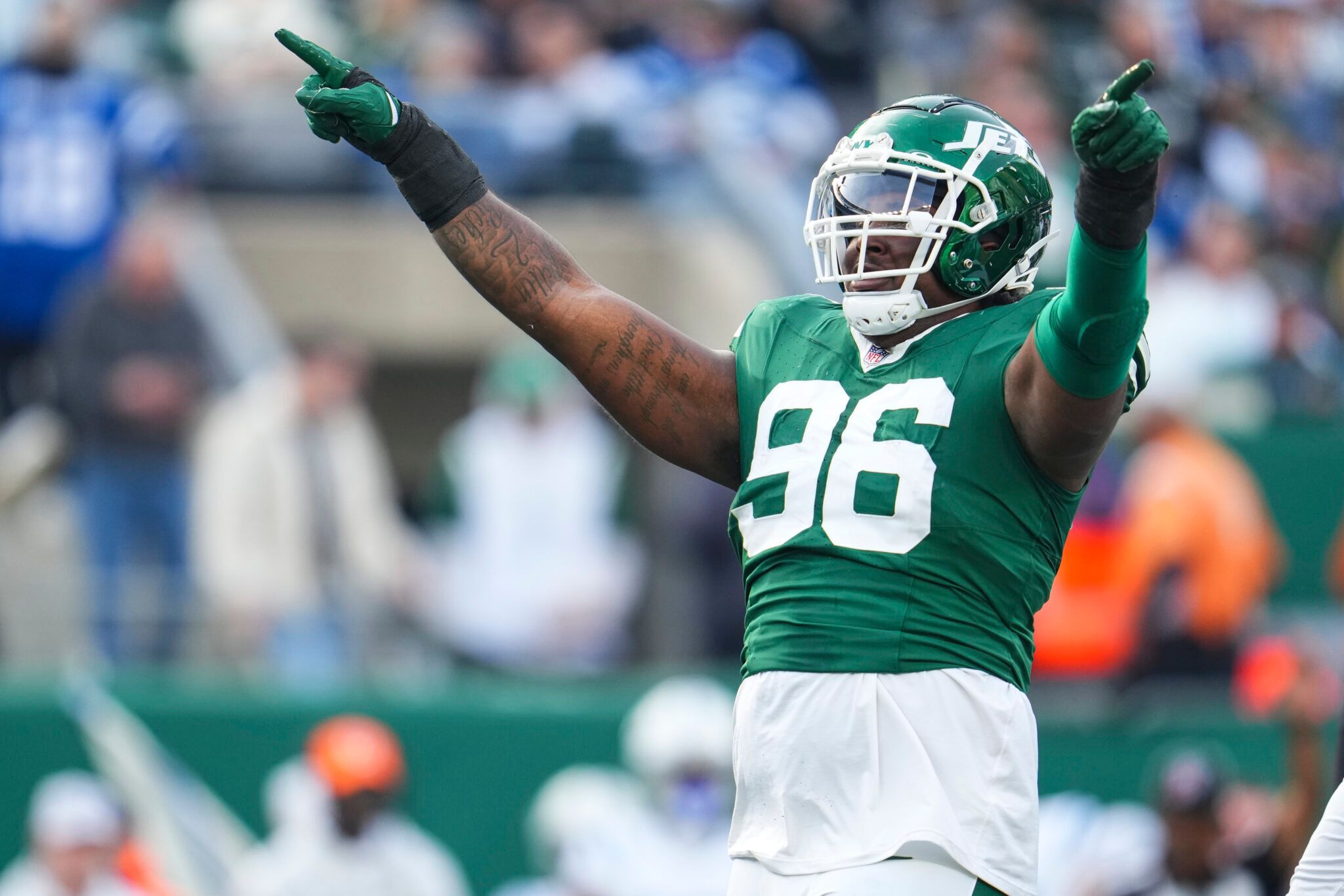 Leonard Taylor III celebrates during the New York Jets' 2024 regular season game against the Indianapolis Colts