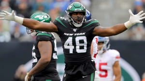 EAST RUTHERFORD, NEW JERSEY - NOVEMBER 10: Jordan Jenkins #48 of the New York Jets celebrates after he sacked Daniel Jones of the New York Giants in the second quarter at MetLife Stadium on November 10, 2019 in East Rutherford, New Jersey.