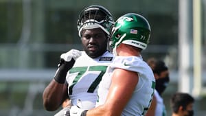 FLORHAM PARK, NEW JERSEY - AUGUST 14: Mekhi Becton #77 of the New York Jets runs drills at Atlantic Health Jets Training Center on August 14, 2020 in Florham Park, New Jersey.