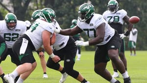 FLORHAM PARK, NEW JERSEY - AUGUST 23: Mekhi Becton #77 of the New York Jets runs drills at Atlantic Health Jets Training Center on August 23, 2020 in Florham Park, New Jersey.