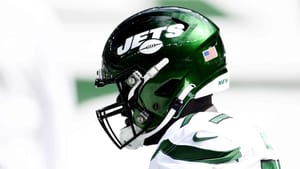 EAST RUTHERFORD, NEW JERSEY - SEPTEMBER 20: Mekhi Becton #77 of the New York Jets looks on during warmups before the game against the San Francisco 49ers at MetLife Stadium on September 20, 2020 in East Rutherford, New Jersey.