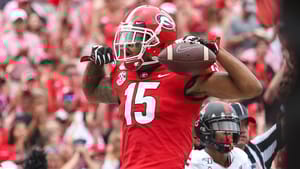 ATHENS, GA - SEPTEMBER 14: Lawrence Cager #15 of the Georgia Bulldogs celebrates a pass reception for a touchdown during the first half of a game against the Arkansas State Red Wolves at Sanford Stadium on September 14, 2019 in Athens, Georgia.