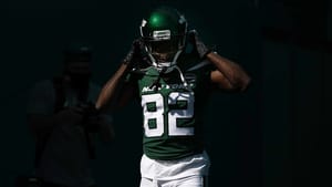 MIAMI GARDENS, FLORIDA - OCTOBER 18: Jamison Crowder #82 of the New York Jets takes the field before the game against the Miami Dolphins at Hard Rock Stadium on October 18, 2020 in Miami Gardens, Florida.