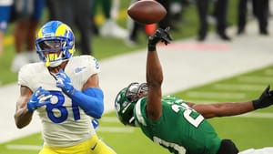 INGLEWOOD, CALIFORNIA - DECEMBER 20: Gerald Everett #81 of the Los Angeles Rams has a pass broken up by Marcus Maye #20 of the New York Jets during the fourth quarter of a game at SoFi Stadium on December 20, 2020 in Inglewood, California.