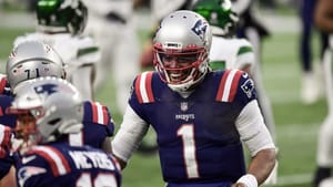 FOXBOROUGH, MA - JANUARY 03: Cam Newton #1 of the New England Patriots reacts after throwing a touchdown pass during the fourth quarter of a game against the New York Jets at Gillette Stadium on January 3, 2021 in Foxborough, Massachusetts.