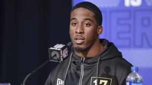 INDIANAPOLIS, IN - MAR 03: Breece Hall #RB17 of the Iowa State Cyclones speaks to reporters during the NFL Draft Combine at the Indiana Convention Center on March 3, 2022 in Indianapolis, Indiana.