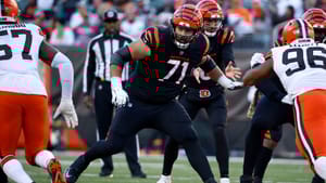 CINCINNATI, OH - NOVEMBER 07: Riley Reiff #71 of the Cincinnati Bengals looks to make a block during the game against the Cleveland Browns at Paul Brown Stadium on November 7, 2021 in Cincinnati, Ohio.