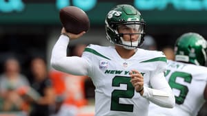 EAST RUTHERFORD, NEW JERSEY--OCTOBER 03: Quarterback Zach Wilson #2 of the New York Jets passes the ball during the Tennessee Titans vs New York Jets game at MetLife Stadium on October 3, 2021 in East Rutherford, New Jersey.