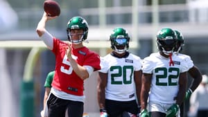 FLORHAM PARK, NJ - JUNE 15: Quarterback Mike White #5 of the New York Jets during New York Jets mandatory minicamp at Atlantic Health Jets Training Center on June 15, 2022 in Florham Park, New Jersey.
