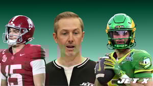 Dante Moore, Ty Simpson, Darren Mougey, New York Jets, Getty Images, Jet X Graphic