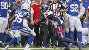INDIANAPOLIS, IN - OCTOBER 20: DeAndre Hopkins #10 of the Houston Texans runs the ball after a reception as Pierre Desir #35 of the Indianapolis Colts pursues during the second half at Lucas Oil Stadium on October 20, 2019 in Indianapolis, Indiana.