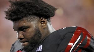 LOUISVILLE, KY - OCTOBER 05: Mekhi Becton #73 of the Louisville Cardinals reacts in the second half of the game against the Georgia Tech Yellow Jackets at Cardinal Stadium on October 5, 2018 in Louisville, Kentucky.
