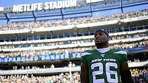 EAST RUTHERFORD, NEW JERSEY - DECEMBER 22: Le'Veon Bell #26 of the New York Jets stands for the national anthem prior to the game against the Pittsburgh Steelers at MetLife Stadium on December 22, 2019 in East Rutherford, New Jersey.