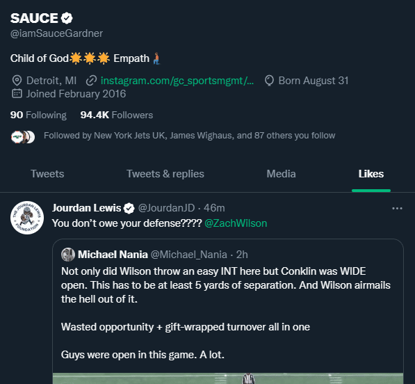 Sauce Gardner, Zach Wilson, Liked, Tweet