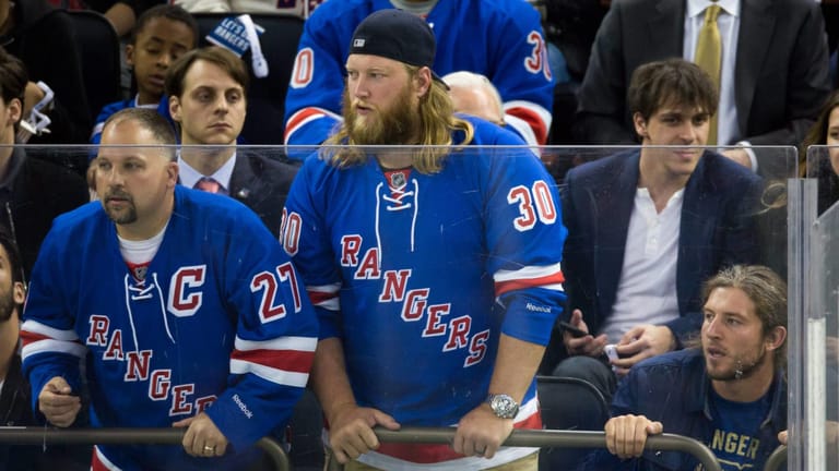 NEW YORK, NY - APRIL 19: Zac Sudfeld and Nick Mangold attend New York Rangers vs Pittsburgh Penuins at Madison Square Garden on April 19, 2016 in New York City.