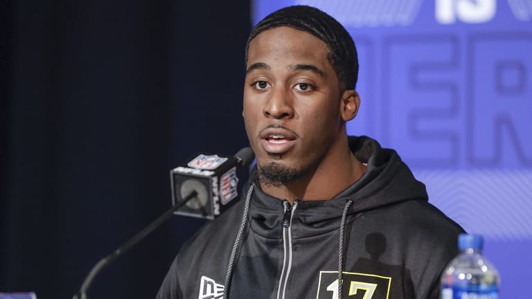 INDIANAPOLIS, IN - MAR 03: Breece Hall #RB17 of the Iowa State Cyclones speaks to reporters during the NFL Draft Combine at the Indiana Convention Center on March 3, 2022 in Indianapolis, Indiana.