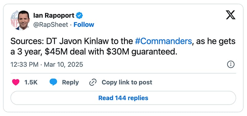Javon-Kinlaw-Jets-Commanders-Free-Agency-Ian-Rapoport-X