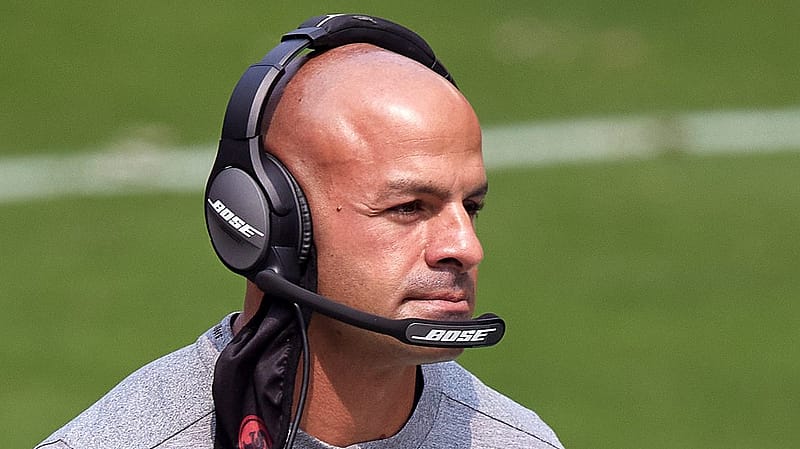 SAN FRANCISCO, CA - SEPTEMBER 13: San Francisco 49ers defensive coordinator Robert Saleh talks into his Bose radio headset during the NFL game between the San Francisco 49ers and the Arizona Cardinals on September 13, 2020, at Levi's Stadium in Santa Clara, California.