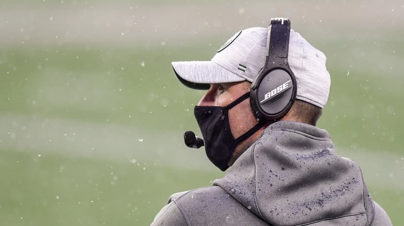FOXBOROUGH, MA - JANUARY 03: Head coach Adam Gase of the New York Jets looks on during the fourth quarter of a game against the New England Patriots at Gillette Stadium on January 3, 2021 in Foxborough, Massachusetts.