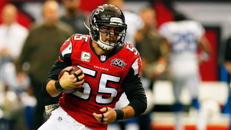 ATLANTA, GA - NOVEMBER 22: Paul Worrilow #55 of the Atlanta Falcons returns an interception during the first half against the Indianapolis Colts at the Georgia Dome on November 22, 2015 in Atlanta, Georgia.