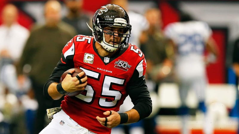 ATLANTA, GA - NOVEMBER 22: Paul Worrilow #55 of the Atlanta Falcons returns an interception during the first half against the Indianapolis Colts at the Georgia Dome on November 22, 2015 in Atlanta, Georgia.
