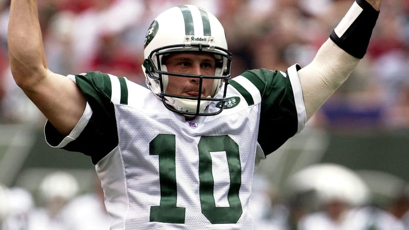 New York Jets QB Chad Pennington celebrates a touchdown during action against the Cincinnati Bengals at the Meadowlands In East Rutherford, New Jersey, Aug. 10, 2003. The Jets defeated the Bengals 28 - 13.
