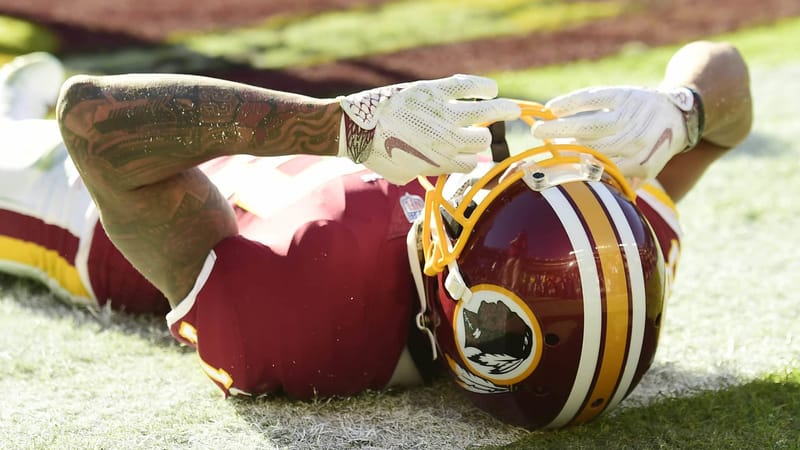 LANDOVER, MD - NOVEMBER 04: Wide receiver Josh Doctson #18 of the Washington Redskins reacts after catching a pass for a touchdown against the Atlanta Falcons in the second quarter at FedExField on November 4, 2018 in Landover, Maryland.