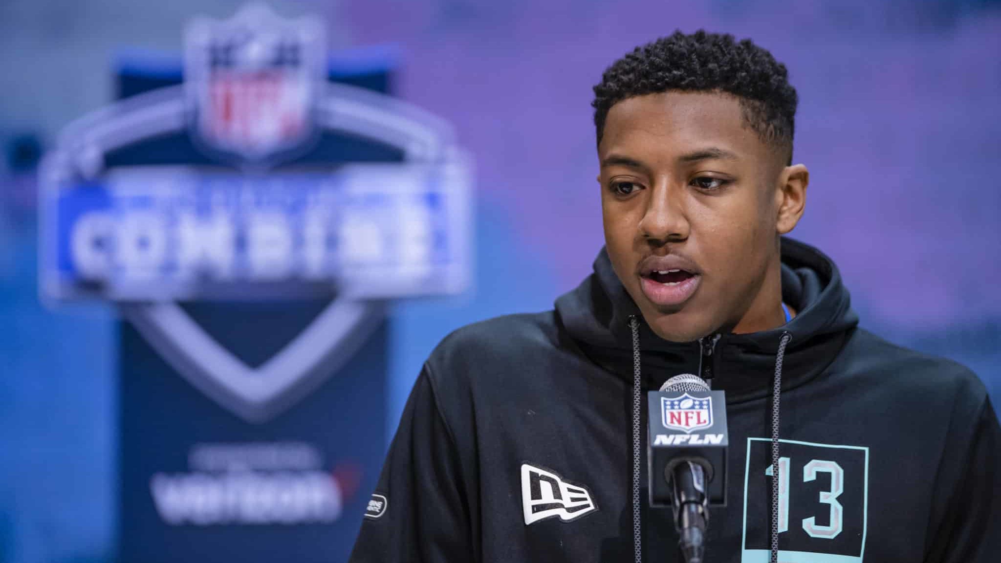 INDIANAPOLIS, IN - FEBRUARY 28: Bryce Hall #DB13 of the Virginia Cavaliers speaks to the media on day four of the NFL Combine at Lucas Oil Stadium on February 28, 2020 in Indianapolis, Indiana.