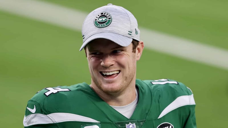 INGLEWOOD, CALIFORNIA - DECEMBER 20: Sam Darnold #14 of the New York Jets looks on after defeating the Los Angeles Rams 23-20 in a game at SoFi Stadium on December 20, 2020 in Inglewood, California.