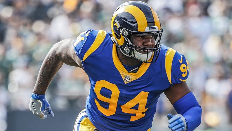 LOS ANGELES, CA - OCTOBER 28: John Franklin-Myers #94 of the Los Angeles Rams in action during the game against the Green Bay Packers at Los Angeles Memorial Coliseum on October 28, 2018 in Los Angeles, California. The Rams won 29-27.