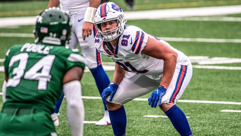 EAST RUTHERFORD, NJ - OCTOBER 25: Tyler Kroft #81 of the Buffalo Bills at the line of scrimmage during a game against the New York Jets at MetLife Stadium on October 25, 2020 in East Rutherford, New Jersey.