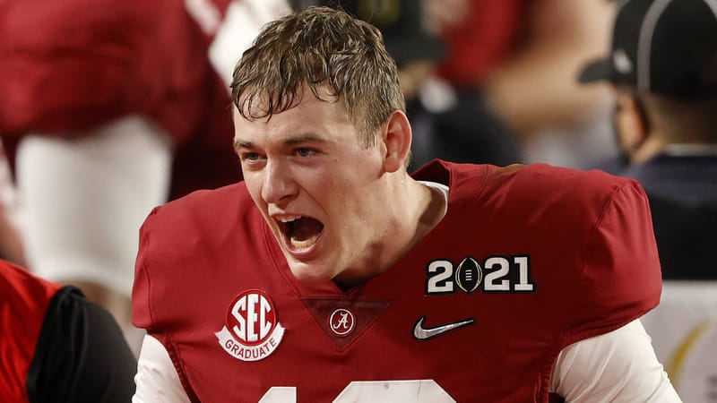 MIAMI GARDENS, FLORIDA - JANUARY 11: Mac Jones #10 of the Alabama Crimson Tide celebrates following the CFP National Championship Presented by AT&T at Hard Rock Stadium on January 11, 2021 in Miami Gardens, Florida.