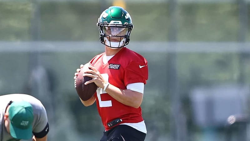 FLORHAM PARK, NEW JERSEY - JUNE 15: Zach Wilson #2 of the New York Jets runs drills during New York Jets Mandatory Minicamp on June 15, 2021 at Atlantic Health Jets Training Center in Florham Park, New Jersey.