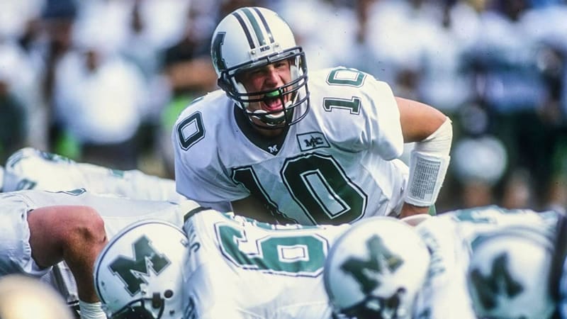 6 Sep 1997: Quarterback Chad Pennington #10 of Marshall University calls a play during a game against the Army at the Michie Stadium in West Point, New York. Marshall defeated the Army 35-25.