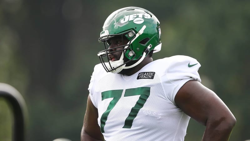 FLORHAM PARK, NEW JERSEY - AUGUST 23: Mekhi Becton #77 of the New York Jets runs drills at Atlantic Health Jets Training Center on August 23, 2020 in Florham Park, New Jersey.