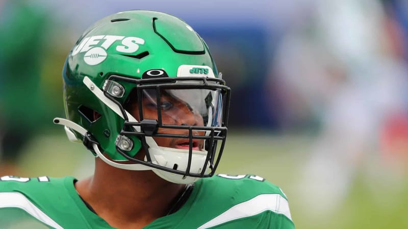 ORCHARD PARK, NY - SEPTEMBER 13: Quinnen Williams #95 of the New York Jets on the field before a game against the Buffalo Bills at Bills Stadium on September 13, 2020 in Orchard Park, New York. Bills beat the Jets 27 to 17.