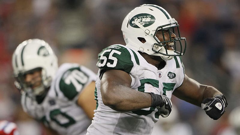 FOXBORO, MA - OCTOBER 09: Jamaal Westerman #55 of the New York Jets celebrates after he sacked Tom Brady of the New England Patriots on October 9, 2011 at Gillette Stadium in Foxboro, Massachusetts.
