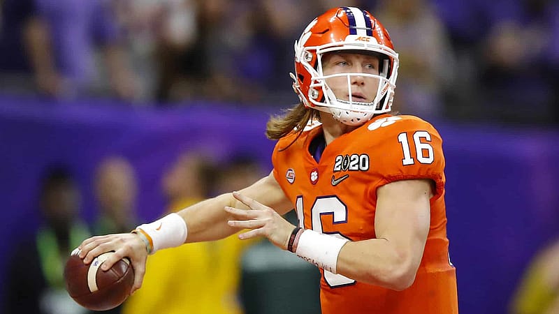 NEW ORLEANS, LA - JANUARY 13: Clemson Tigers quarterback Trevor Lawrence (16) drops back to pass during the first half of the College Football Playoff National Championship Game between the LSU Tigers and the Clemson Tigers on January 13, 2020 in New Orleans LA.