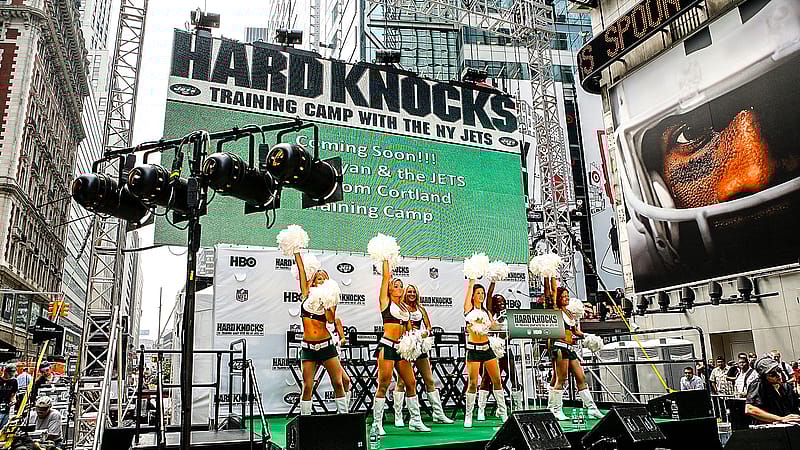 NEW YORK - AUGUST 10: New York Jets cheerleaders attend the "Hard Knocks:Training Camp with the New York Jets" fan kick-off rally in Times Square on August 10, 2010 in New York City.
