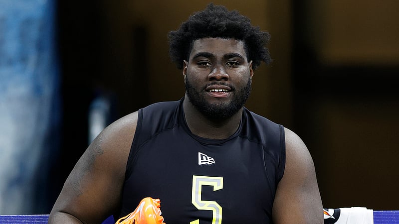 INDIANAPOLIS, IN - FEBRUARY 28: Offensive lineman Mekhi Becton of Louisville looks on while icing his knee during the NFL Combine at Lucas Oil Stadium on February 28, 2020 in Indianapolis, Indiana.