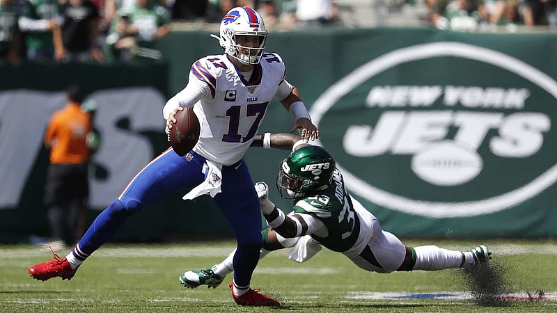 EAST RUTHERFORD, NEW JERSEY - SEPTEMBER 08: Josh Allen #17 of the Buffalo Bills shakes Jamal Adams #33 of the New York Jets during the first quarter at MetLife Stadium on September 08, 2019 in East Rutherford, New Jersey.