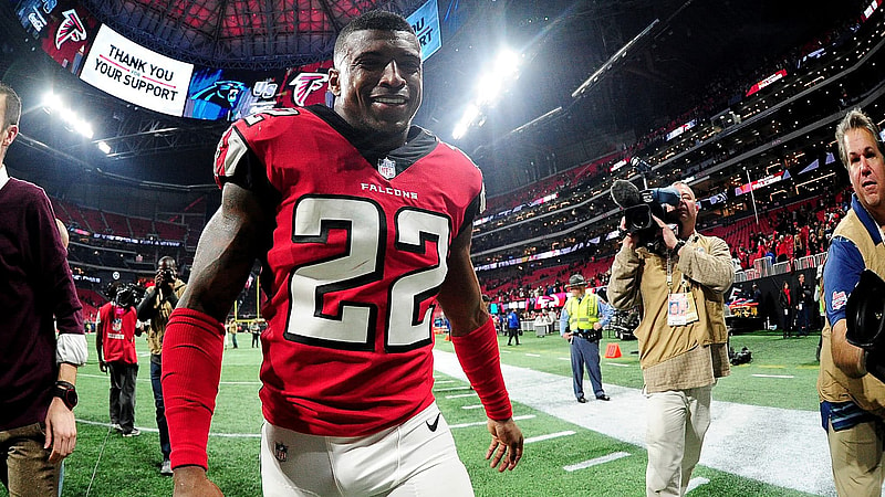 ATLANTA, GA - DECEMBER 31: Keanu Neal #22 of the Atlanta Falcons after the game against the Carolina Panthers at Mercedes-Benz Stadium on December 31, 2017 in Atlanta, Georgia.