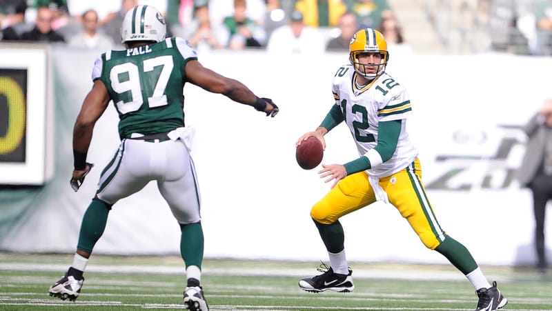 Aaron Rodgers, Calvin Pace, NY Jets, NFL